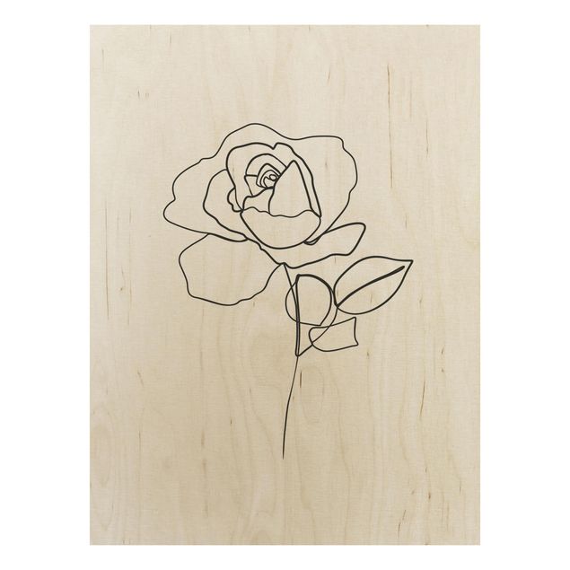 Holzbild Blumen Line Art Rose Schwarz Weiß