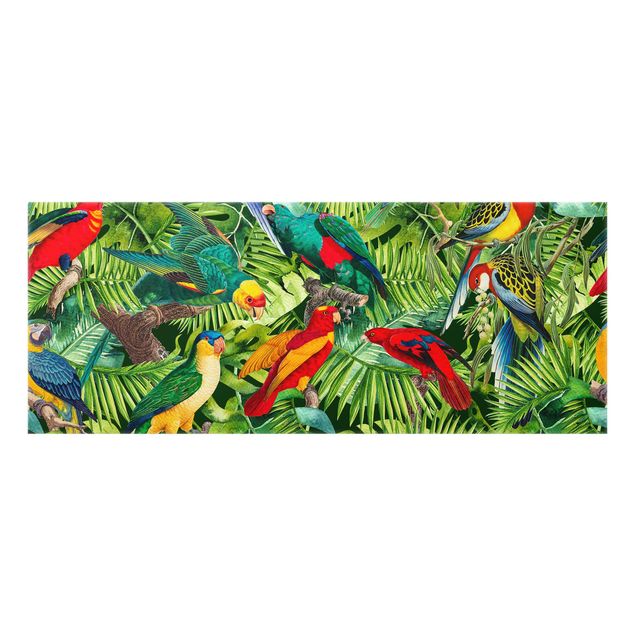 Küchenspiegel Glas Bunte Collage - Papageien im Dschungel