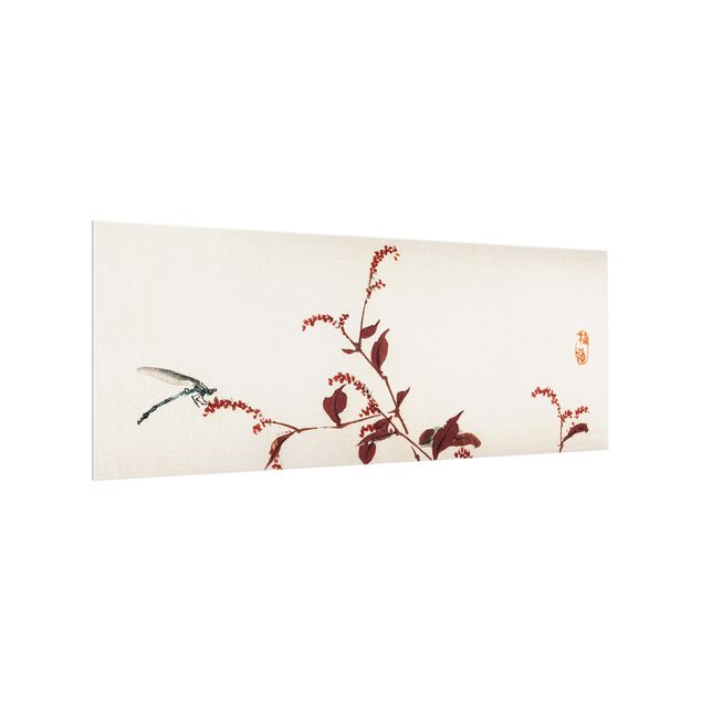 Spritzschutz Küche Glas Asiatische Vintage Zeichnung Roter Zweig mit Libelle