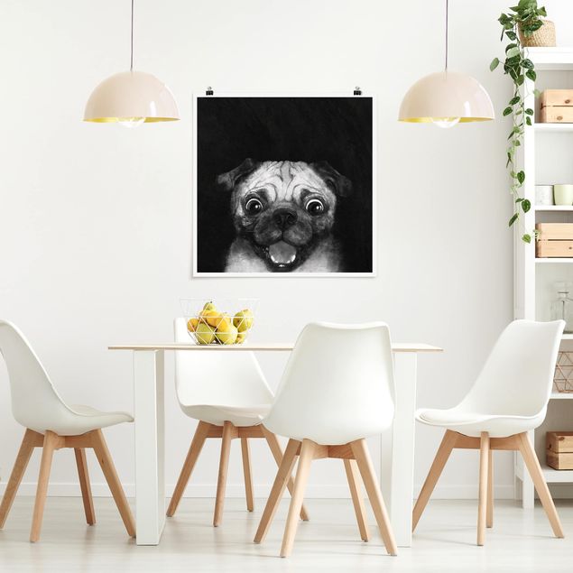 schwarz-weiß Poster Illustration Hund Mops Malerei auf Schwarz Weiß