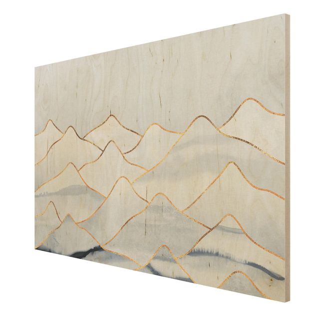 Holzbilder Landschaften Aquarell Berge Weiß Gold