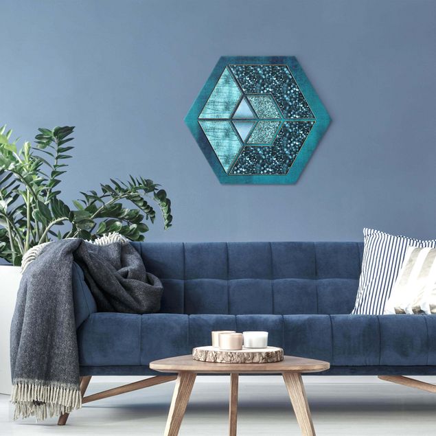 Wandbilder Muster Blaues Hexagon mit Goldkontur