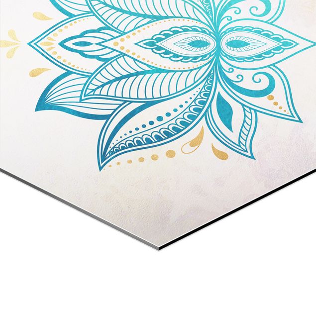 Wandbilder Türkis Mandala Hamsa Hand Lotus Set Gold Blau