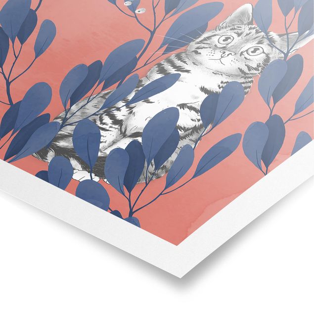 Wandbilder Kunstdrucke Illustration Katze und Vogel auf Ast Blau Rot