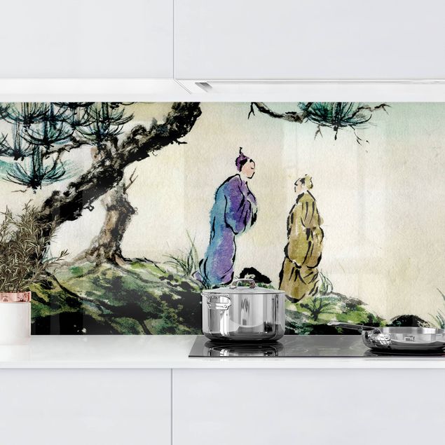 Küche Dekoration Japanische Aquarell Zeichnung Kiefer und Bergdorf