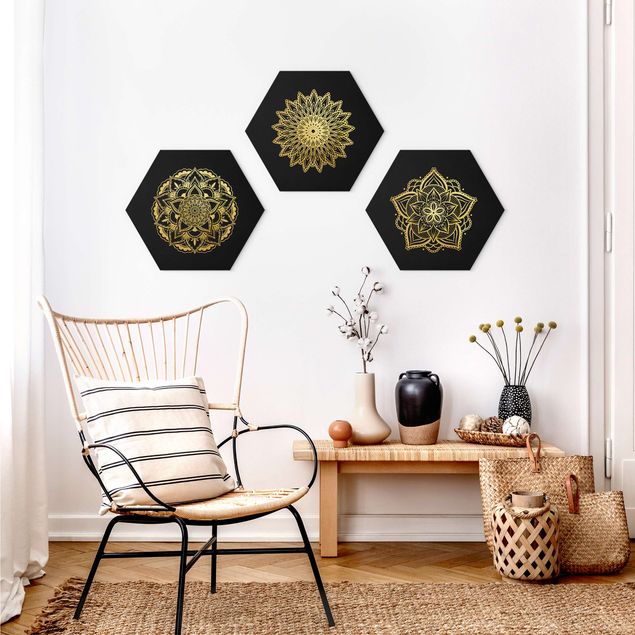 Wandbilder Mandalas Mandala Blüte Sonne Illustration Set Schwarz Gold