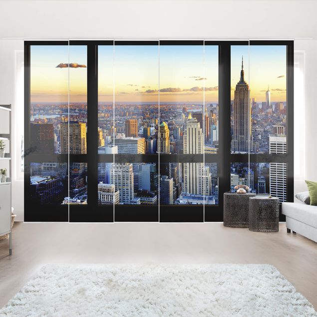 Schiebegardinen Set - Fensterausblick - Sonnenaufgang New York - Flächenvorhänge