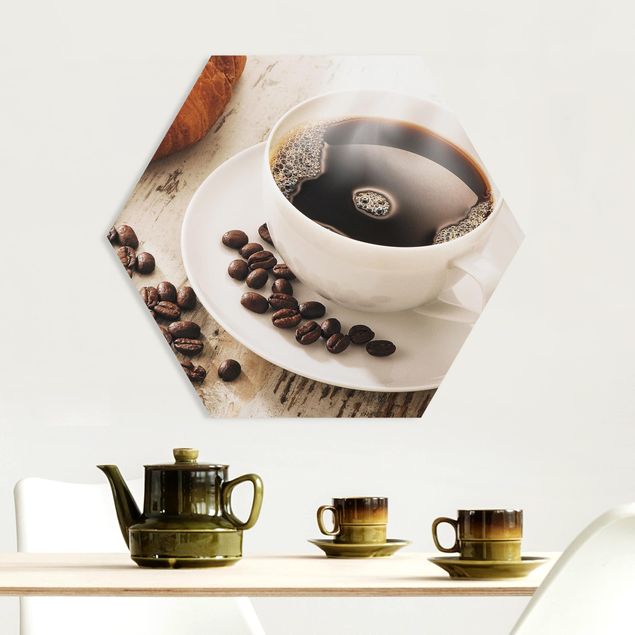 Wanddeko Küche Dampfende Kaffeetasse mit Kaffeebohnen