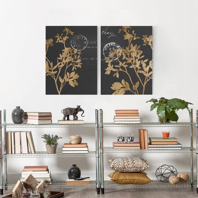 Blumenbilder auf Leinwand Goldene Blätter auf Mokka Set I
