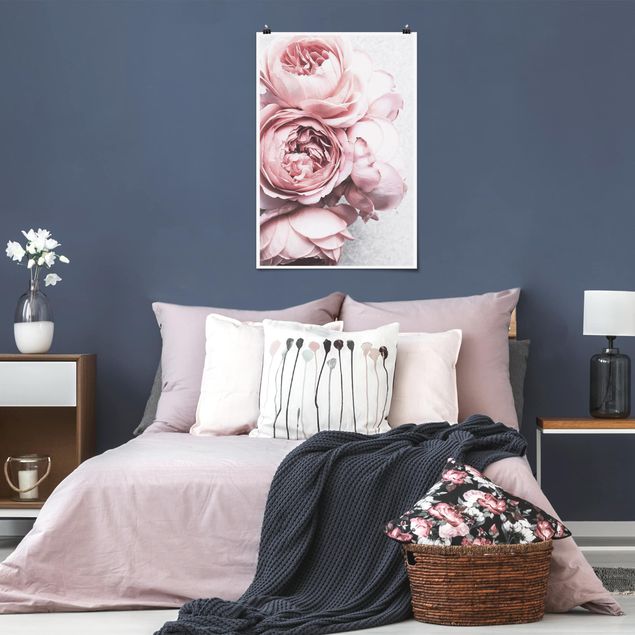 Poster mit Blumen Rosa Pfingstrosenblüten Shabby Pastell
