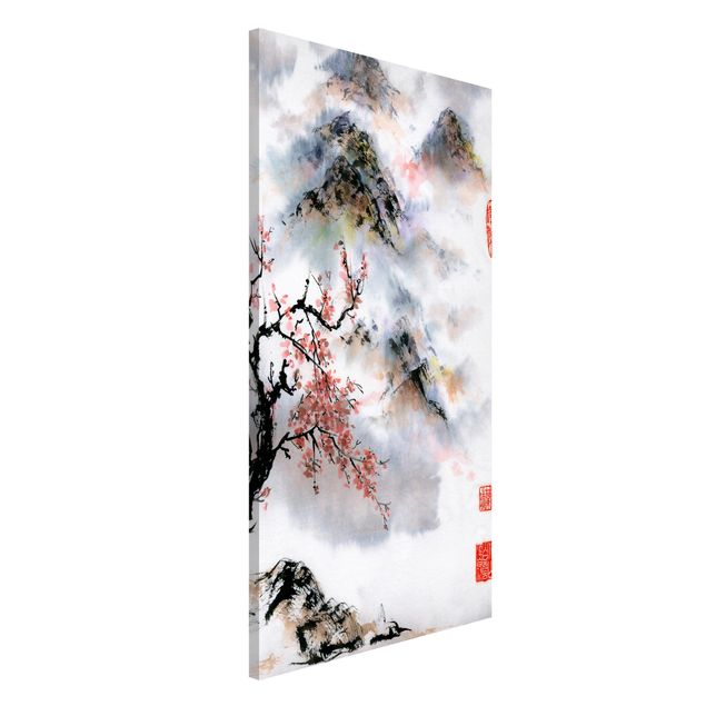 Wanddeko Küche Japanische Aquarell Zeichnung Kirschbaum und Berge