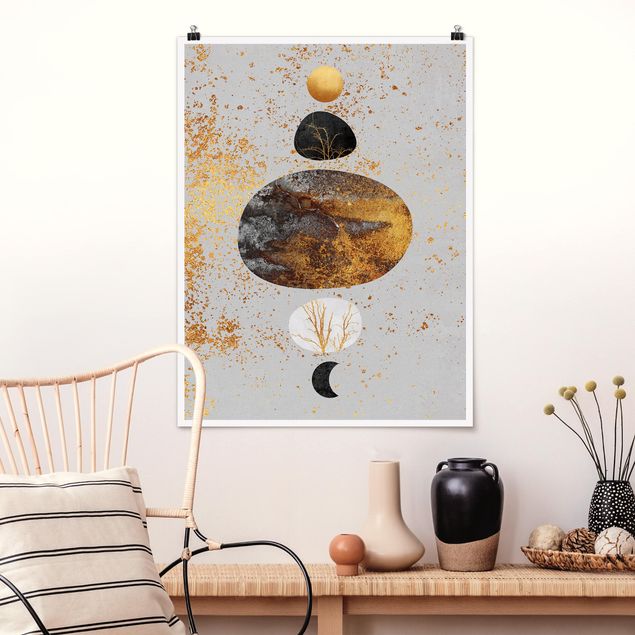 Kunstdrucke Poster Sonne und Mond in Goldglanz