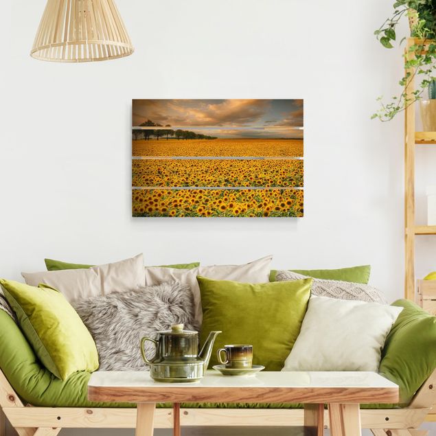 Holzbild Blumen Feld mit Sonnenblumen