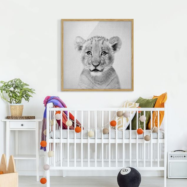 schwarz-weiß Bilder mit Rahmen Baby Löwe Luca Schwarz Weiß