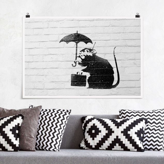 schwarz-weiß Poster Ratte mit Regenschirm - Brandalised ft. Graffiti by Banksy