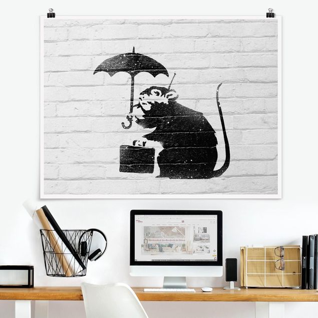 Poster schwarz-weiß Ratte mit Regenschirm - Brandalised ft. Graffiti by Banksy