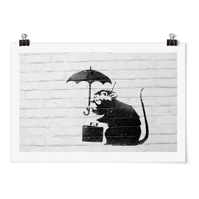 Wandbilder Schwarz-Weiß Ratte mit Regenschirm - Brandalised ft. Graffiti by Banksy
