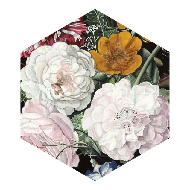 Hexagon Mustertapete selbstklebend - Barock Bouquet