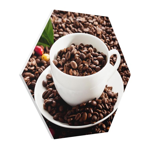 Foto auf Hartschaumplatte Kaffeetasse mit gerösteten Kaffeebohnen