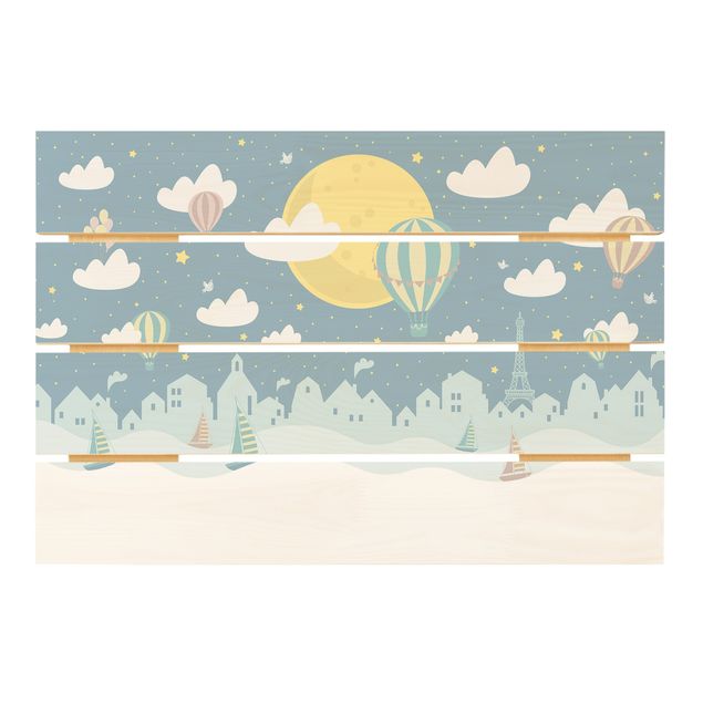 Holzbild - Paris mit Sternen und Heißluftballon - Querformat 2:3