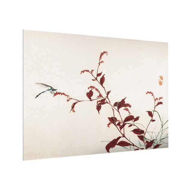 Küchenspiegel Glas Asiatische Vintage Zeichnung Roter Zweig mit Libelle