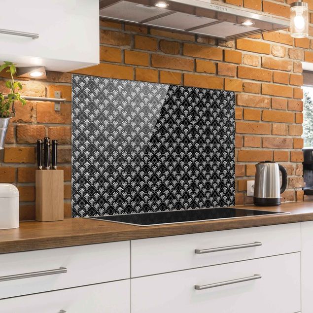 Glasrückwand Küche Muster Glitzeroptik mit Art Deco Muster auf Schwarz