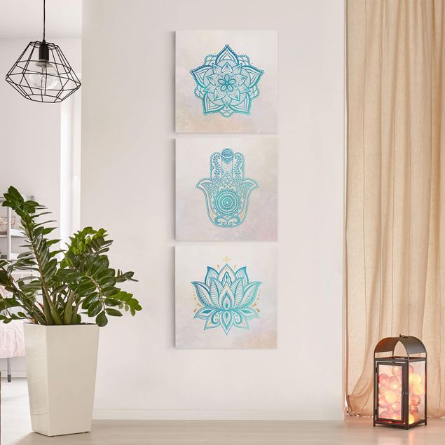 Leinwandbilder Muster Mandala Hamsa Hand Lotus Set gold blau