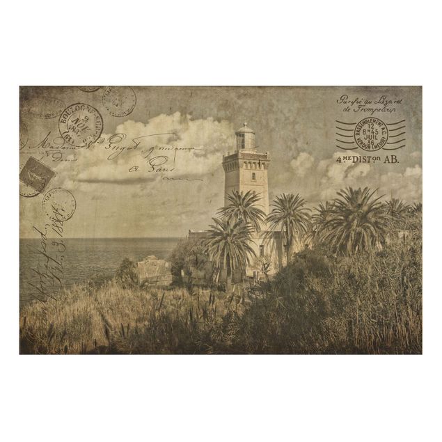 Holzbild Natur Vintage Postkarte mit Leuchtturm und Palmen