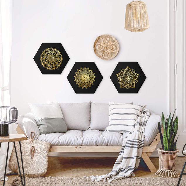 Wandbilder Muster Mandala Blüte Sonne Illustration Set Schwarz Gold