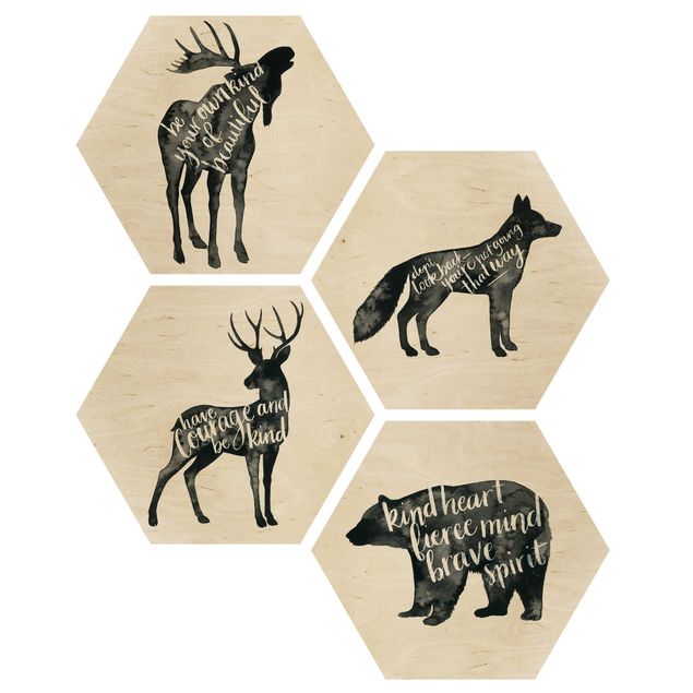 Wandbild Holz Tiere mit Weisheit Set I