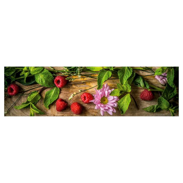Küchenrückwand Folie Blumen Himbeeren Minze