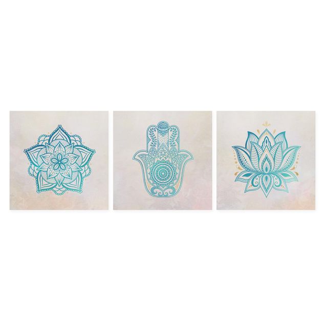 Wandbilder Blau Mandala Hamsa Hand Lotus Set gold blau