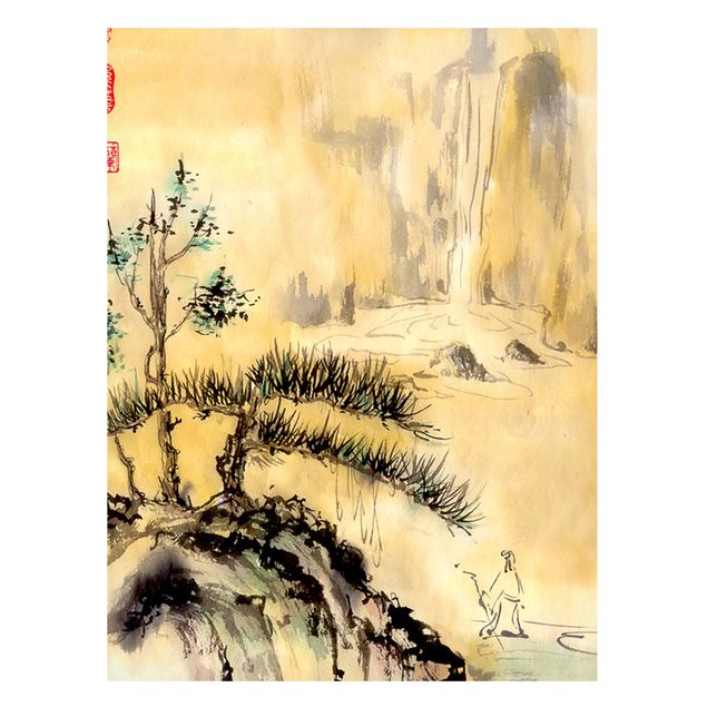 Wandbilder Bäume Japanische Aquarell Zeichnung Zedern und Berge