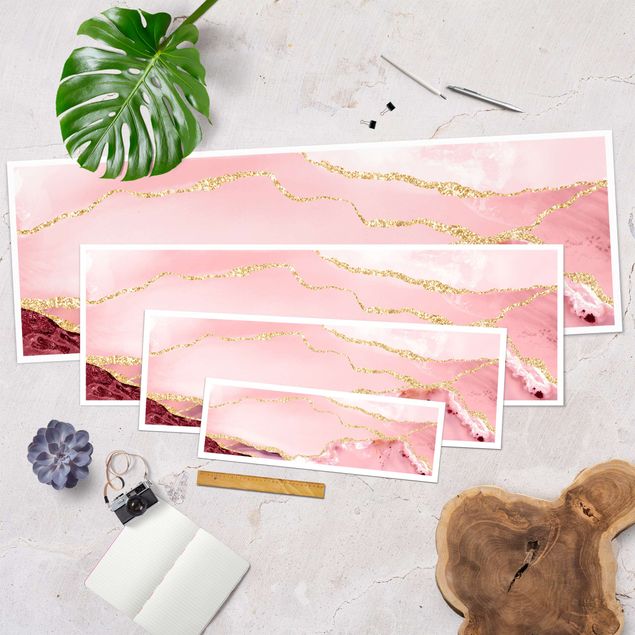 schöne Bilder Abstrakte Berge Rosa mit Goldene Linien