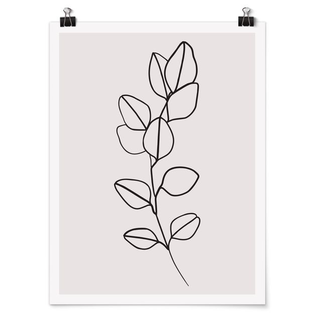 Poster Blumen Line Art Zweig Blätter Schwarz Weiß