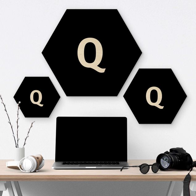 Hexagon Bild Holz - Buchstabe Schwarz Q