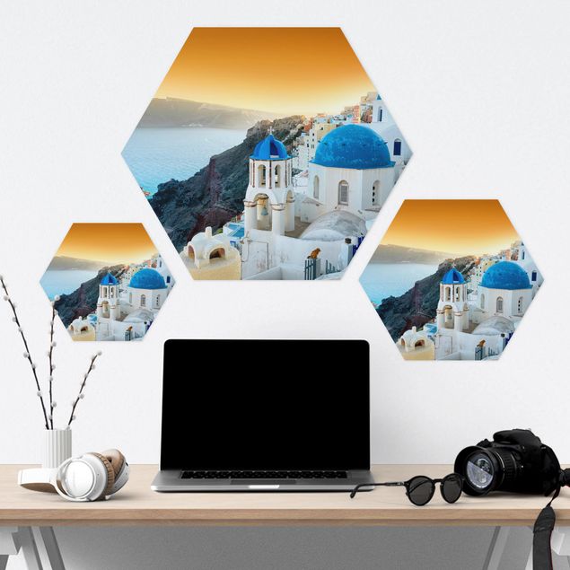 Hexagon Bilder Sonnenuntergang über Santorin