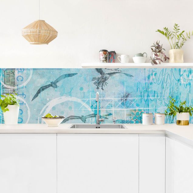 Glasrückwand Küche Bunte Collage - Blaue Fische