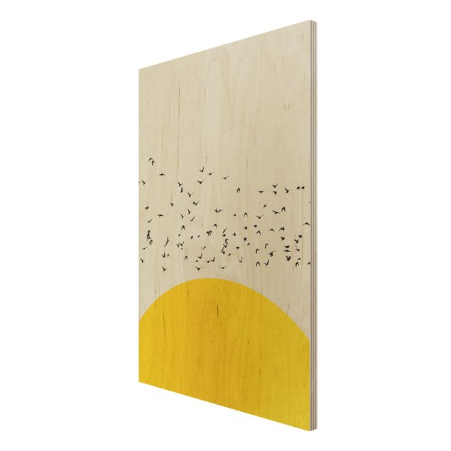 Kubistika Kunstdrucke Vogelschwarm vor gelber Sonne