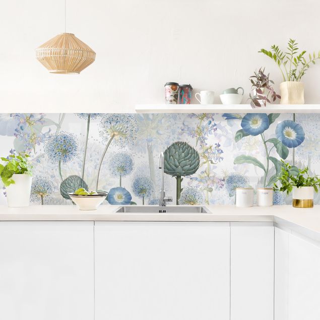 Spritzschutz Küche Glas Blaue Alliumdolden im Wind
