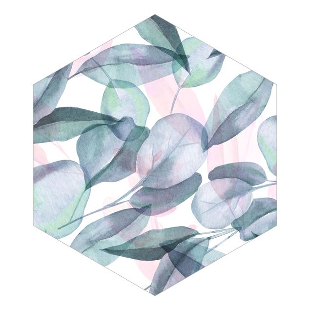 Hexagon Mustertapete selbstklebend - Blaue und Rosane Eukalyptus Aquarellblätter