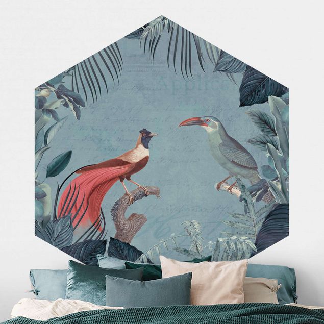 Wanddeko Küche Blaugraues Paradies mit tropischen Vögeln