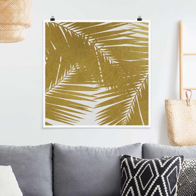 Wanddeko Küche Blick durch goldene Palmenblätter