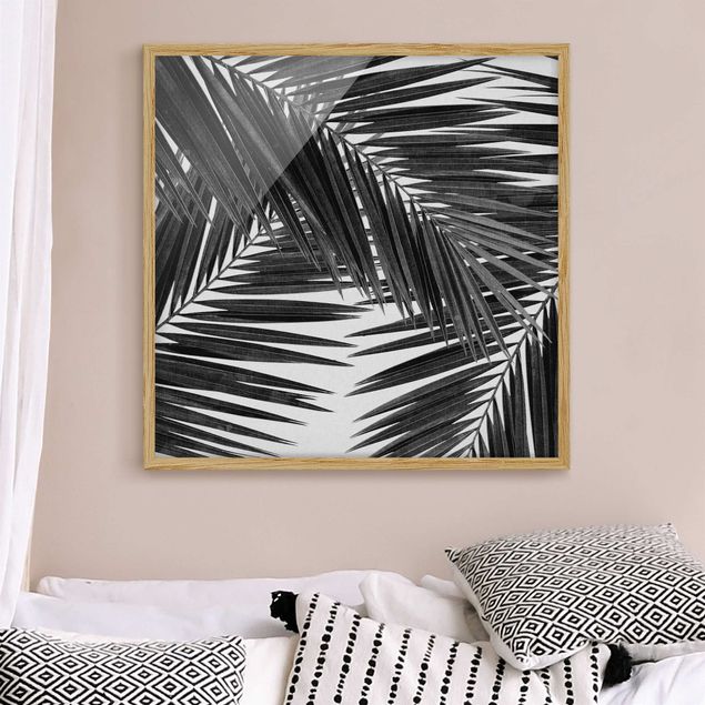 Wanddeko Küche Blick durch Palmenblätter schwarz weiß