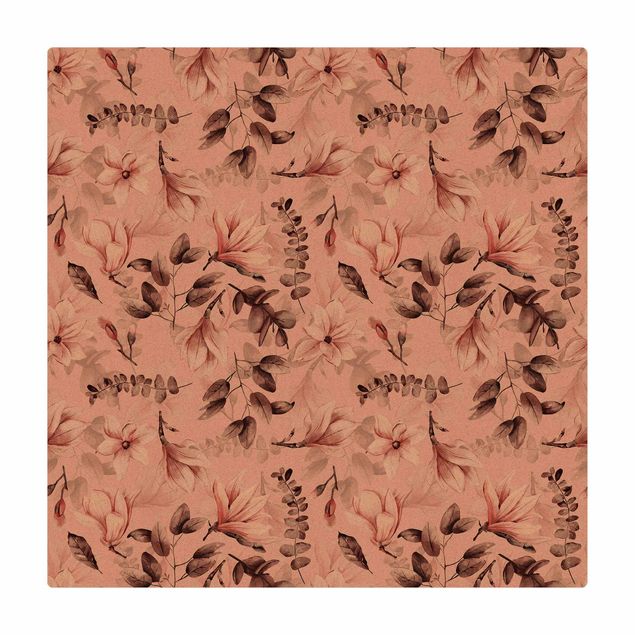 Kork-Teppich - Blüten mit Grauen Blättern vor Rosa - Quadrat 1:1