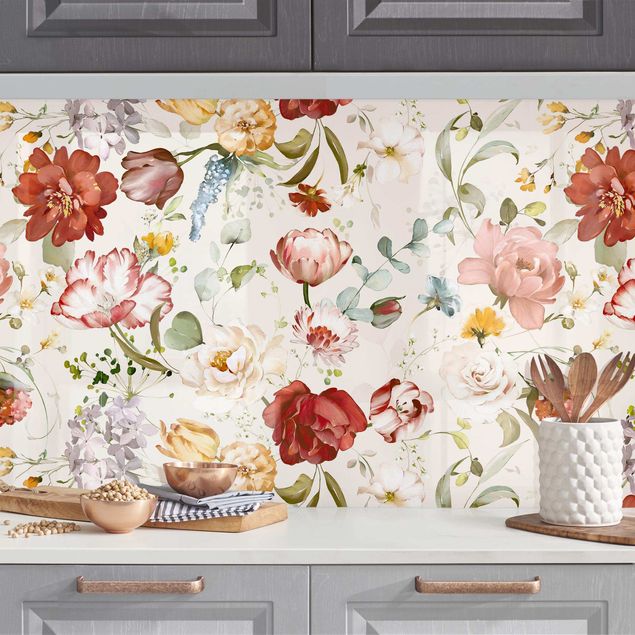 Küchenrückwand Folie Blumen Blumen Aquarell Vintage Muster auf Beige
