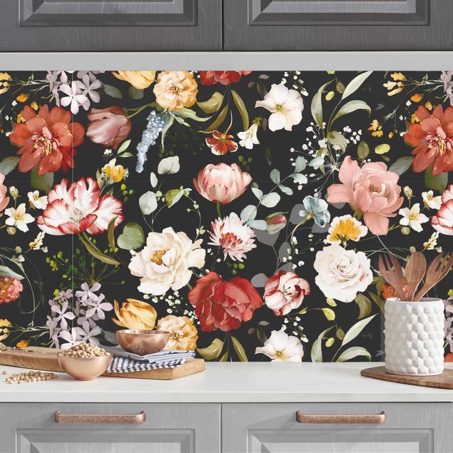 Küchenrückwände Blumen Blumen Aquarell Vintage Muster auf Schwarz