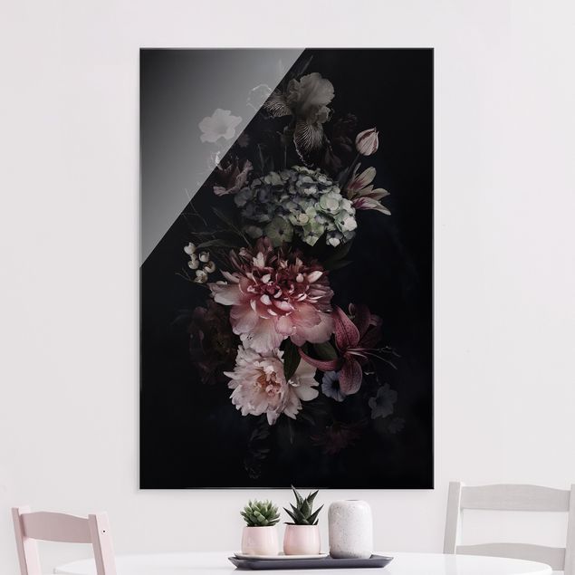 Glasbilder Rosen Blumen mit Nebel auf Schwarz