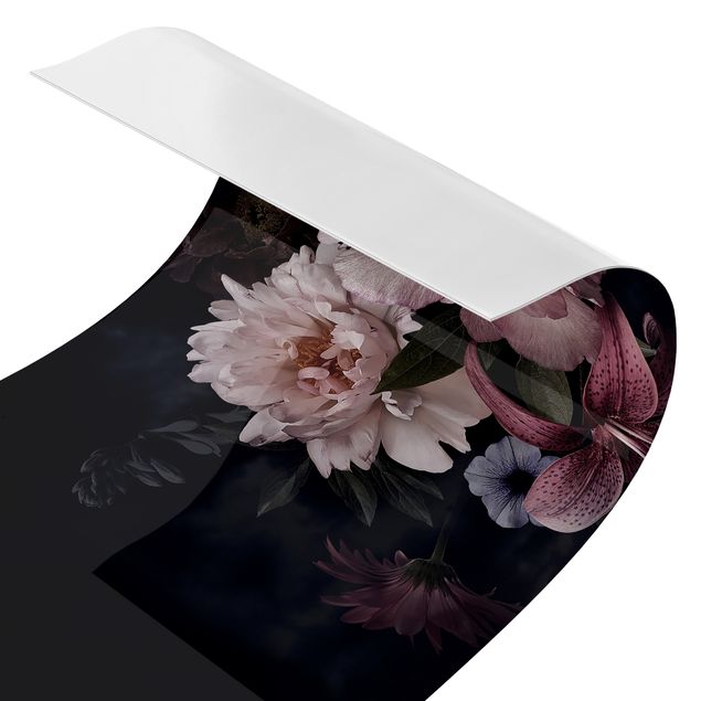 Küchenrückwand Folie selbstklebend Blumen mit Nebel auf Schwarz