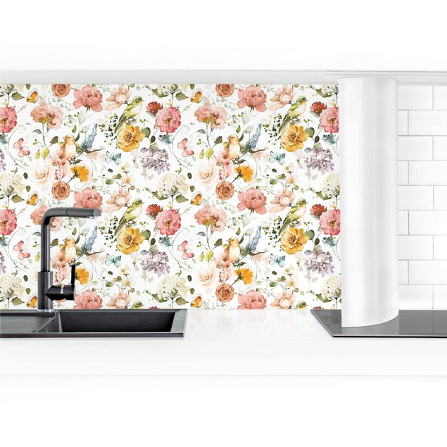 Küchenrückwand Folie Blumen und Vögel Aquarell Muster